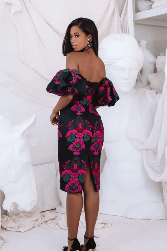 Women Pencil Dresses Lavish Alice CAPRI Jacquard Volume Sleeve Bardot Midi Dress In Black Black