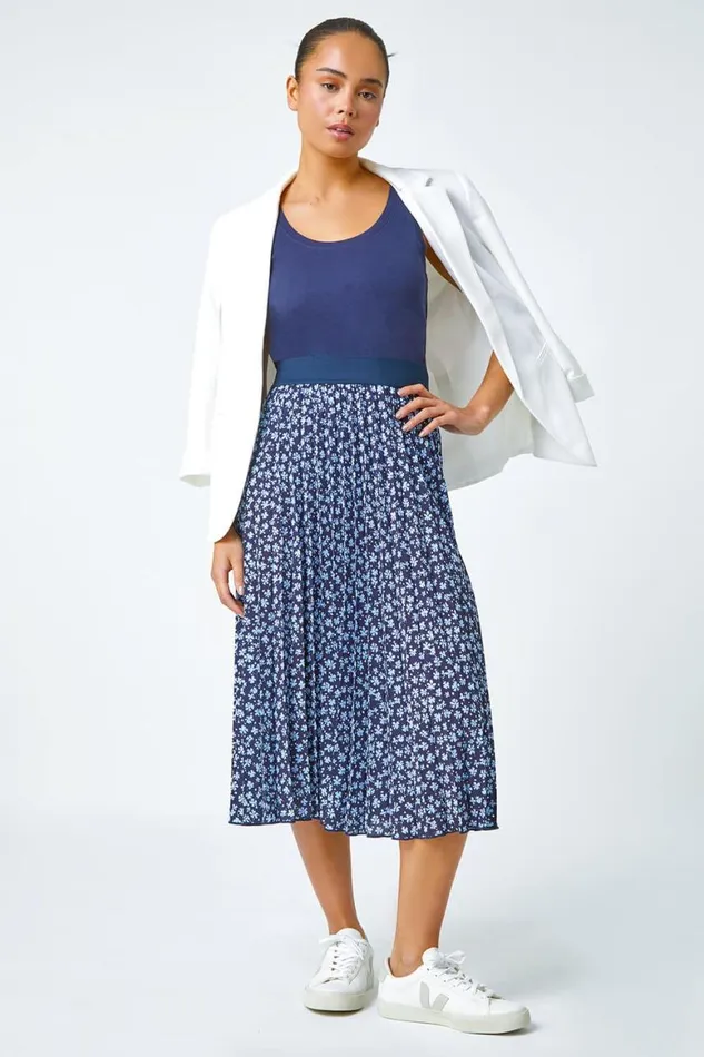 Women Petite Ditsy Floral A Line Pleated Midi Skirt Roman Skirts