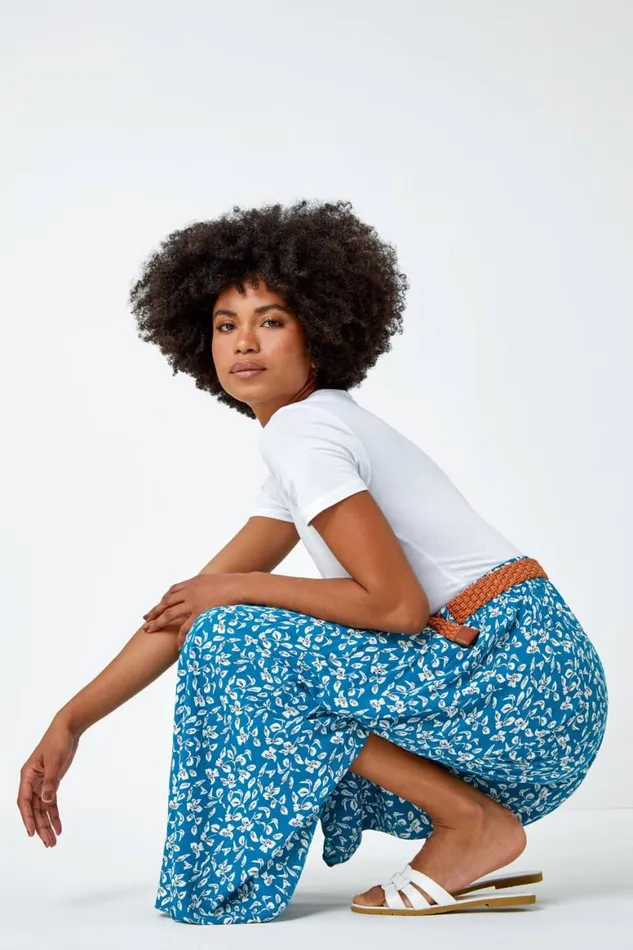 Women Petrol Blue Ditsy Floral Print Belted Midi Skirt Roman Skirts