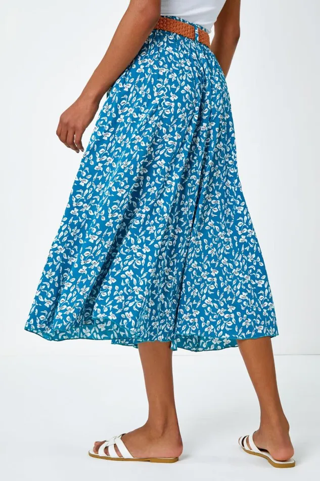 Women Petrol Blue Ditsy Floral Print Belted Midi Skirt Roman Skirts