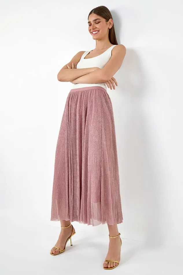 Women Pink ALine Shimmer Stretch Midi Skirt Roman Occasionwear