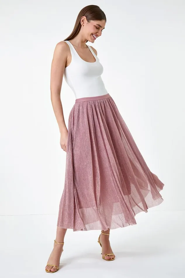 Women Pink ALine Shimmer Stretch Midi Skirt Roman Occasionwear