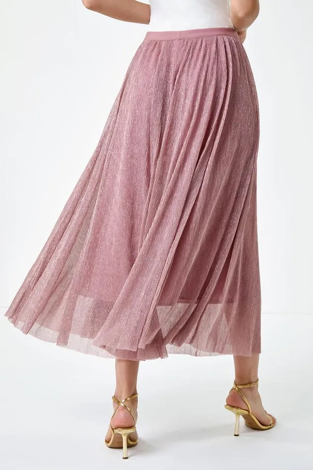 Women Pink ALine Shimmer Stretch Midi Skirt Roman Occasionwear