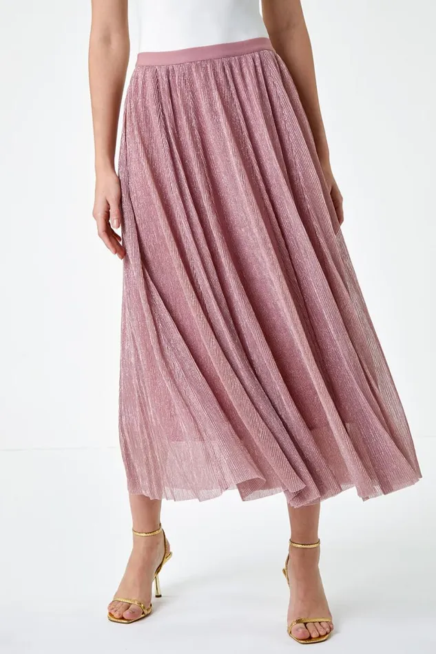 Women Pink ALine Shimmer Stretch Midi Skirt Roman Occasionwear