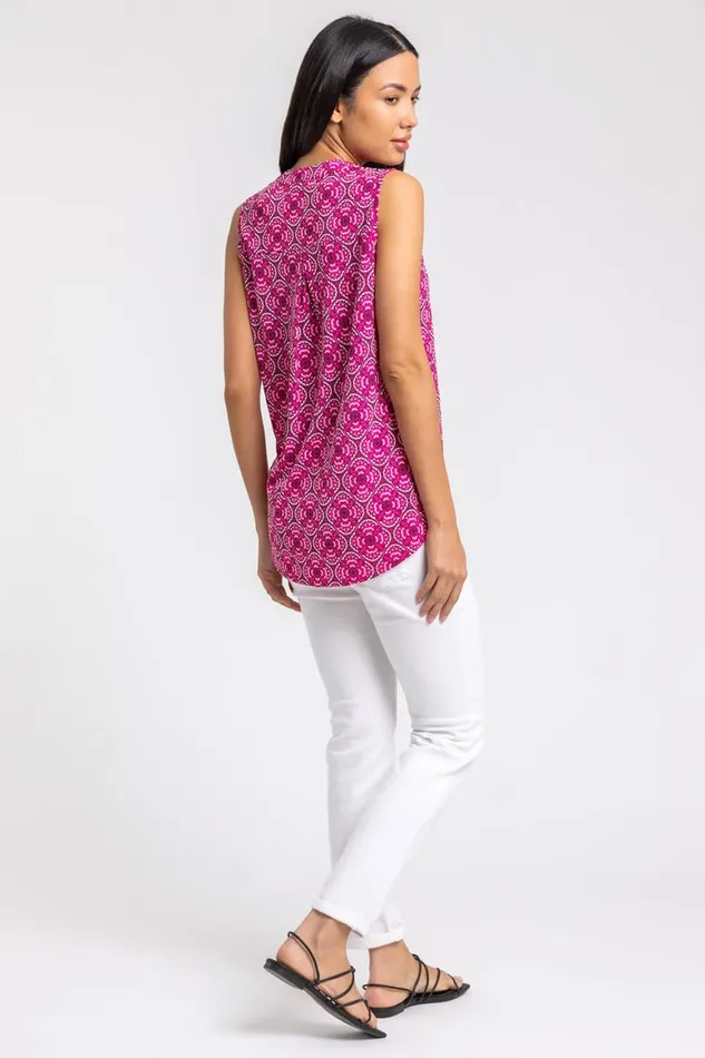 Women Pink Abstract Puff Print Notch Neck Top Roman Tops