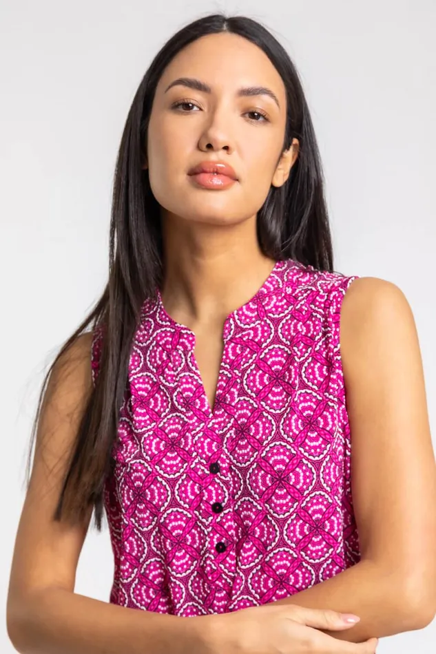 Women Pink Abstract Puff Print Notch Neck Top Roman Tops