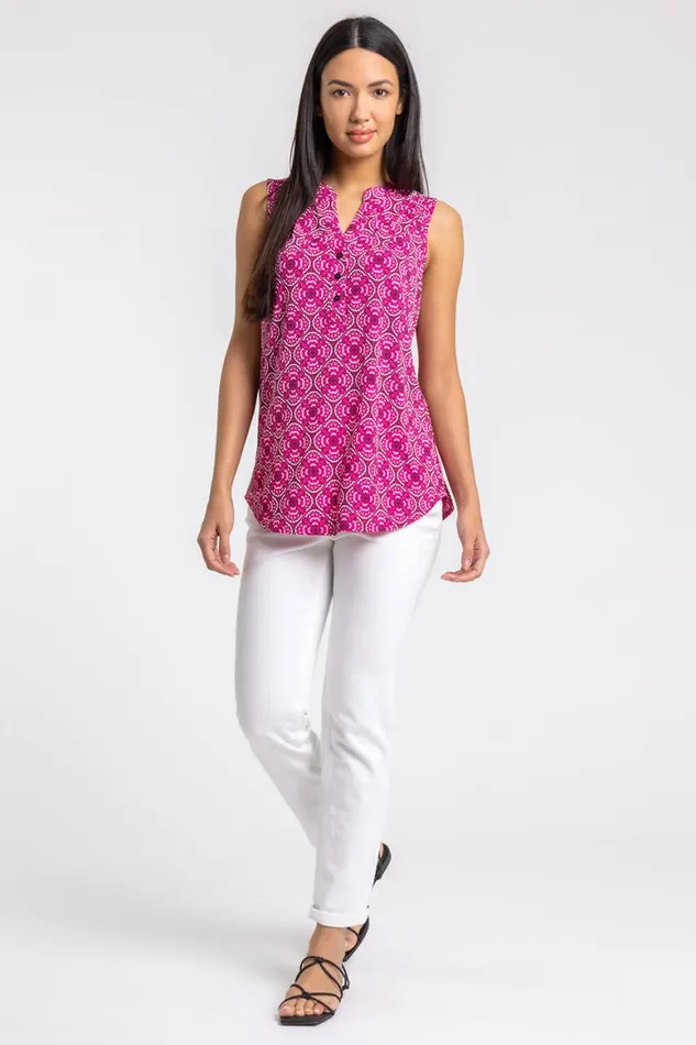 Women Pink Abstract Puff Print Notch Neck Top Roman Tops