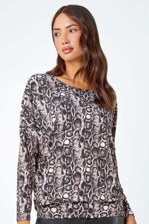 Women Pink Animal Print Stretch Jersey Top Roman Tops