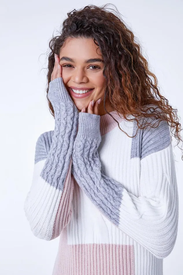 Women Pink Colourblock Cable Knit Jumper Roman Knitwear
