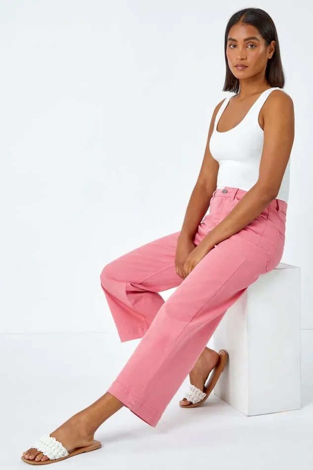 Women Pink Cotton Denim Stretch Cropped Culottes Roman Trousers