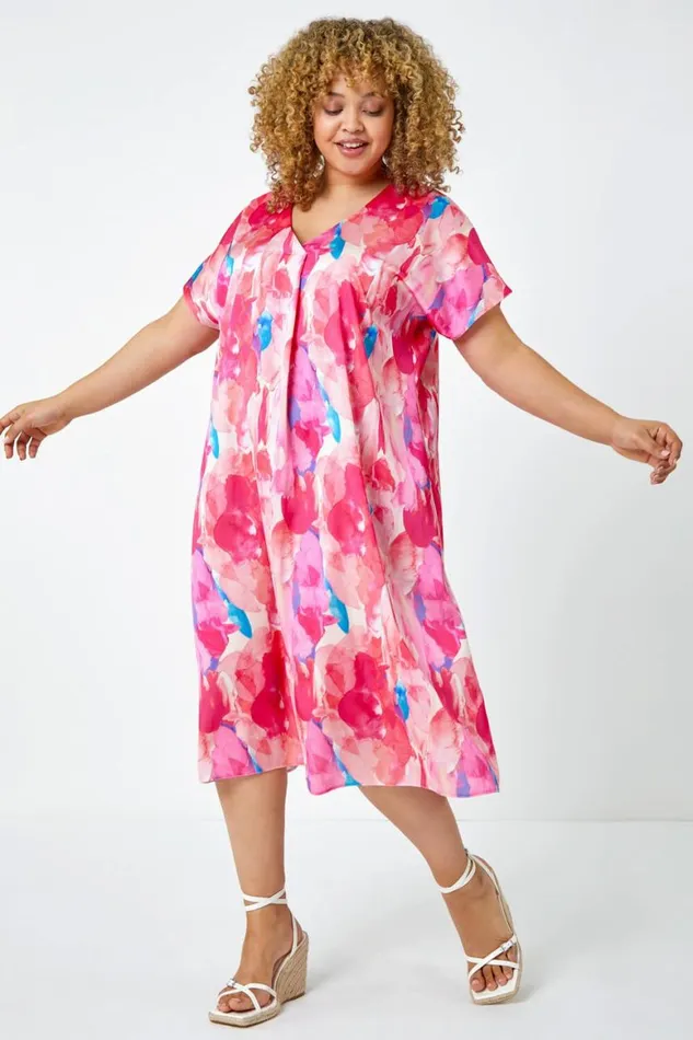 Women Pink Curve Abstract Relaxed Midi Dress Roman Dresses