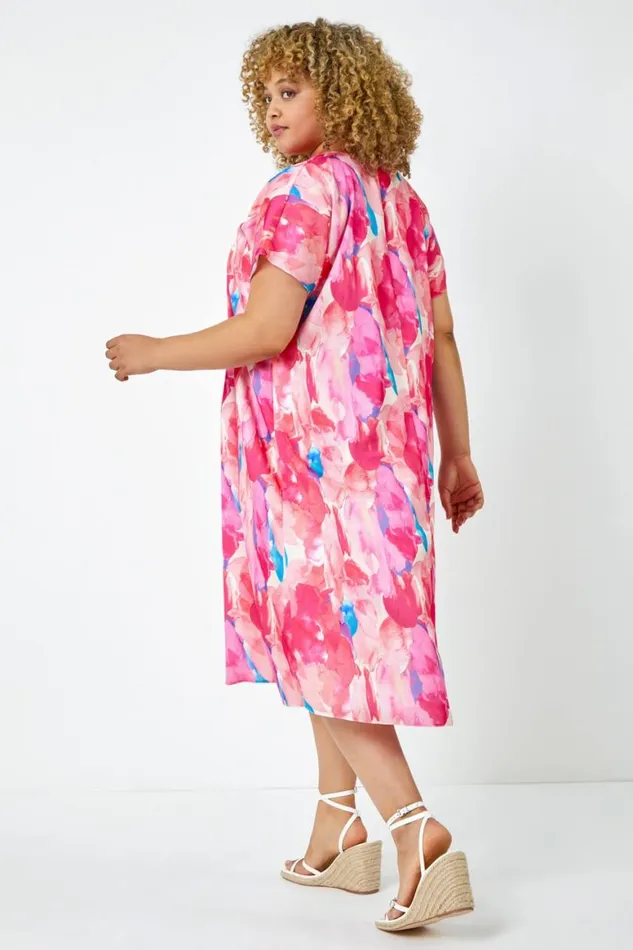Women Pink Curve Abstract Relaxed Midi Dress Roman Dresses