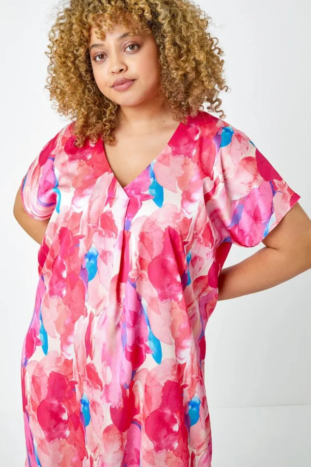 Women Pink Curve Abstract Relaxed Midi Dress Roman Dresses