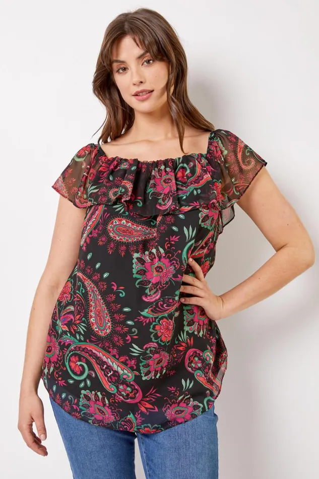 Women Pink Curve Paisley Print Chiffon Bardot Top Roman Tops