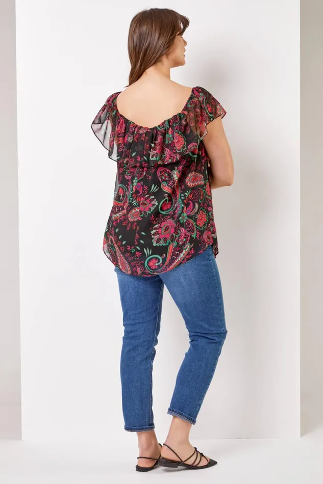 Women Pink Curve Paisley Print Chiffon Bardot Top Roman Tops