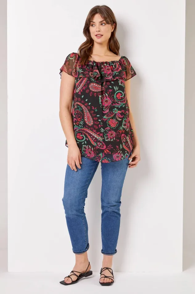 Women Pink Curve Paisley Print Chiffon Bardot Top Roman Tops