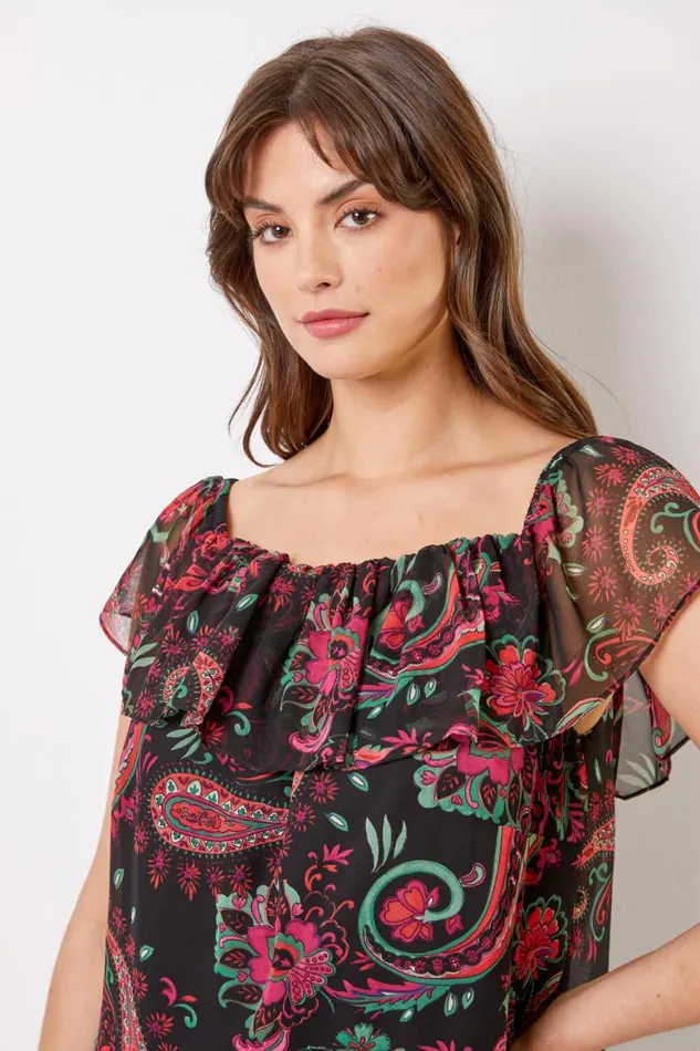Women Pink Curve Paisley Print Chiffon Bardot Top Roman Tops