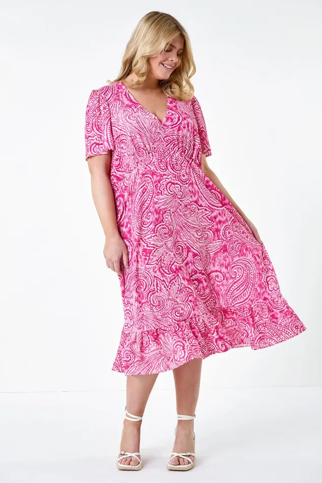 Women Pink Curve Paisley Tiered Frill Midi Dress Roman Dresses