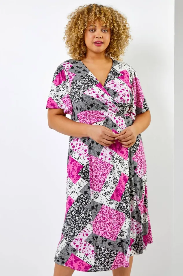 Women Pink Curve Patchwork Floral Midi Dress Roman Dresses