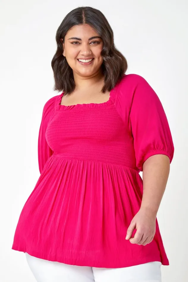 Women Pink Curve Shirred Peplum Top Roman Tops