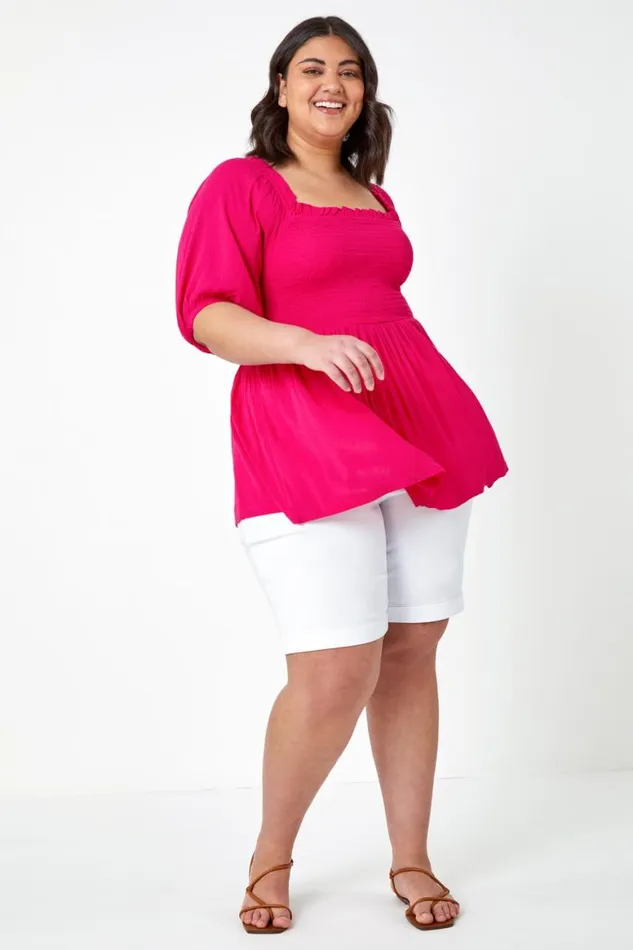 Women Pink Curve Shirred Peplum Top Roman Tops