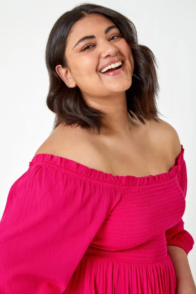 Women Pink Curve Shirred Peplum Top Roman Tops