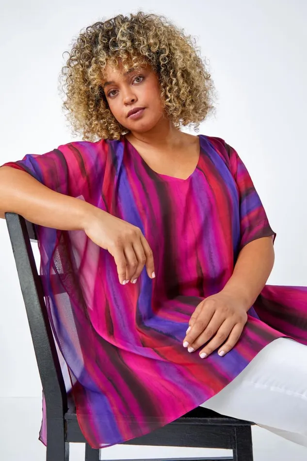 Women Pink Curve Stripe Chiffon Overlay Top Roman Tops