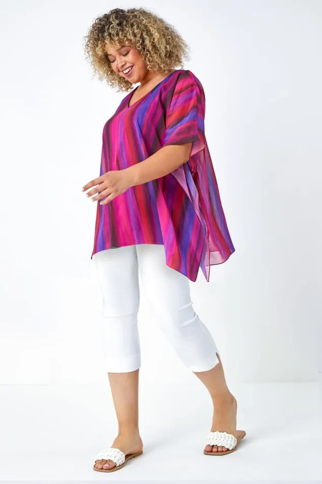 Women Pink Curve Stripe Chiffon Overlay Top Roman Tops