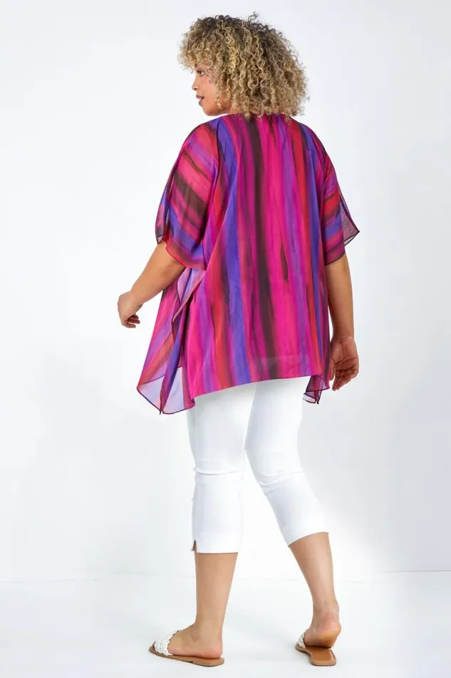 Women Pink Curve Stripe Chiffon Overlay Top Roman Tops