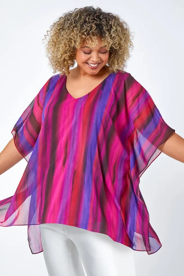 Women Pink Curve Stripe Chiffon Overlay Top Roman Tops