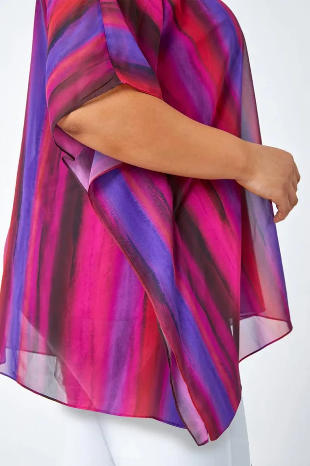 Women Pink Curve Stripe Chiffon Overlay Top Roman Tops