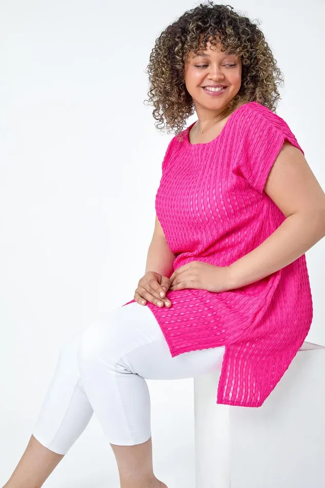 Women Pink Curve Textured Short Sleeve TShirt Roman Tops