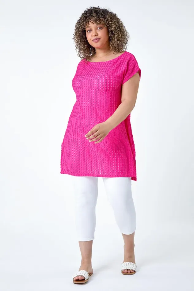 Women Pink Curve Textured Short Sleeve TShirt Roman Tops