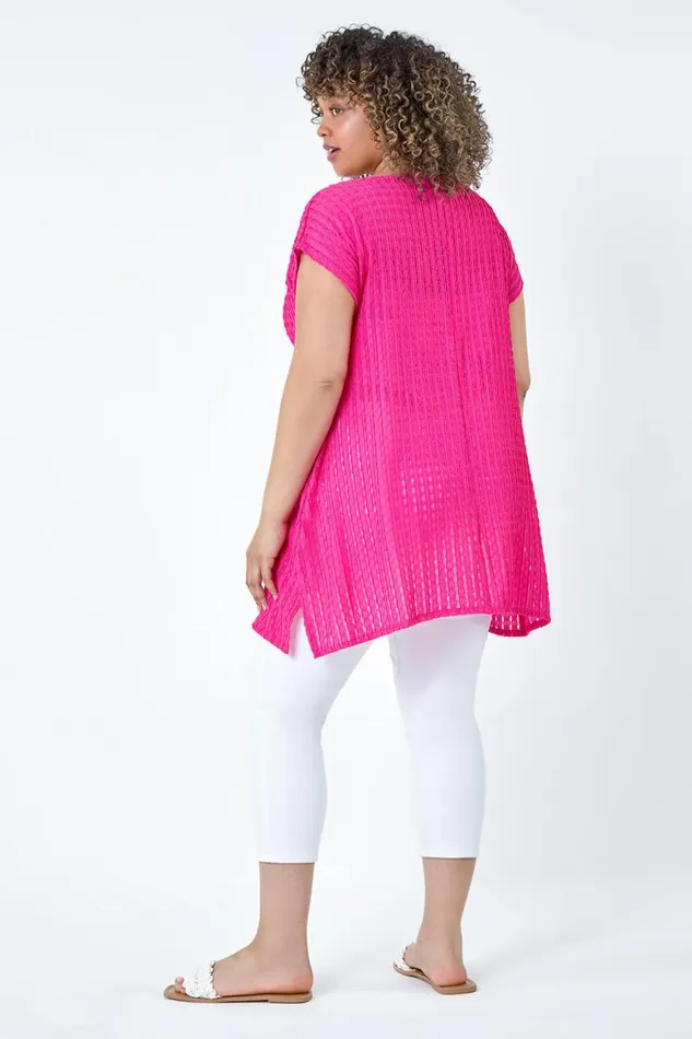Women Pink Curve Textured Short Sleeve TShirt Roman Tops