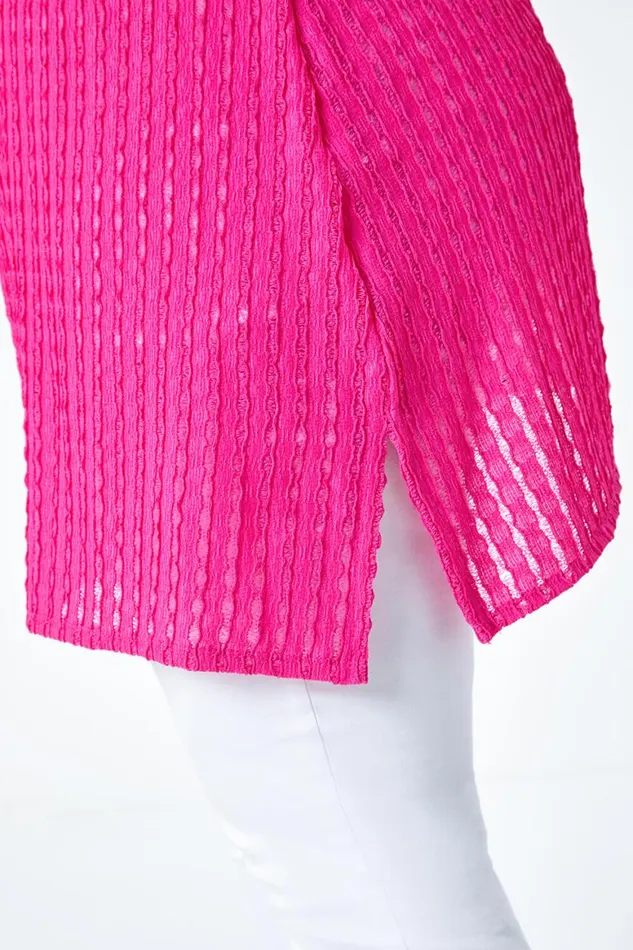 Women Pink Curve Textured Short Sleeve TShirt Roman Tops