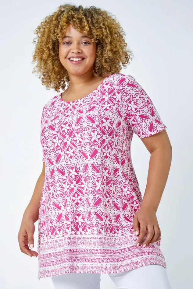 Women Pink Curve Tile Print Stretch Top Roman Tops
