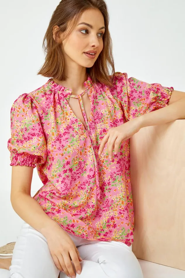 Women Pink Ditsy Floral Ruffle Neck Blouse Roman Tops