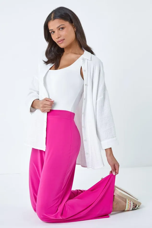 Women Pink Elastic Waist Wide Leg Stretch Trousers Roman Trousers