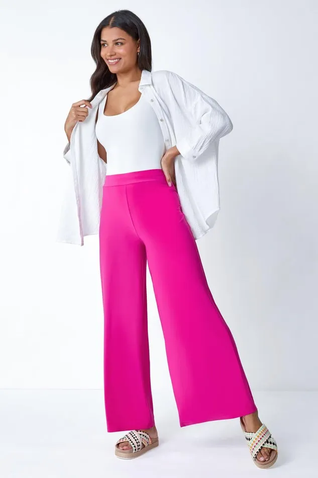 Women Pink Elastic Waist Wide Leg Stretch Trousers Roman Trousers