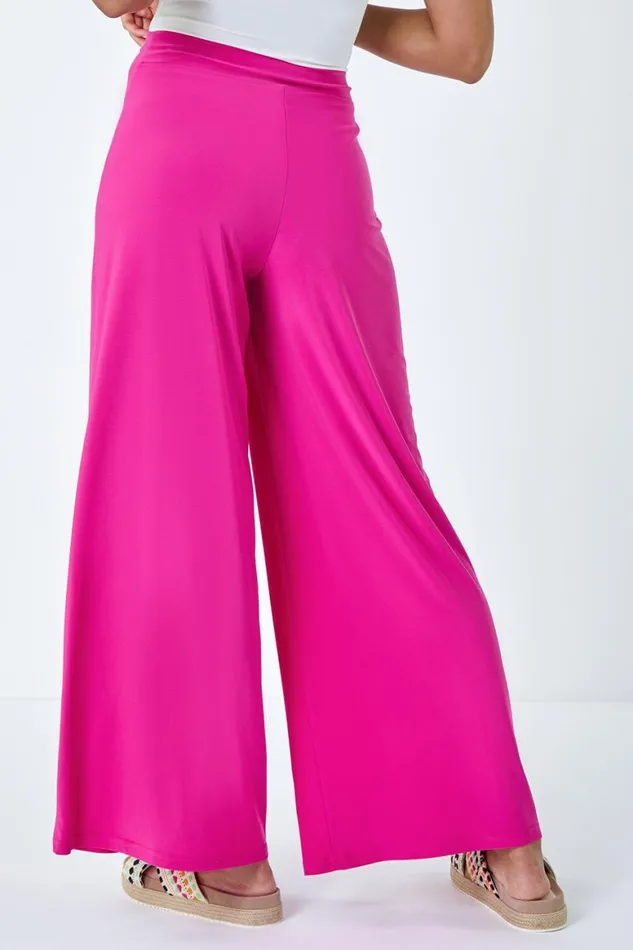 Women Pink Elastic Waist Wide Leg Stretch Trousers Roman Trousers