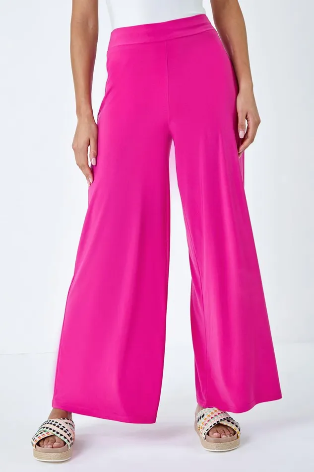Women Pink Elastic Waist Wide Leg Stretch Trousers Roman Trousers