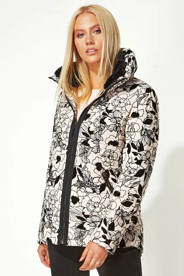 Women Pink Flocked Zip Through Padded Coat Roman Coats