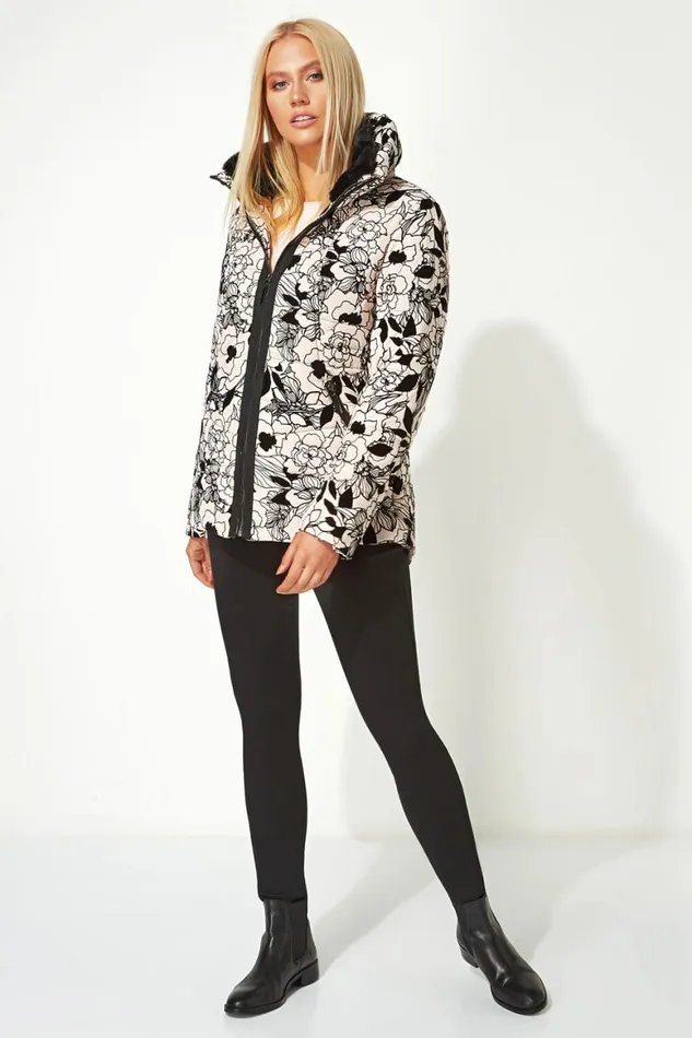 Women Pink Flocked Zip Through Padded Coat Roman Coats