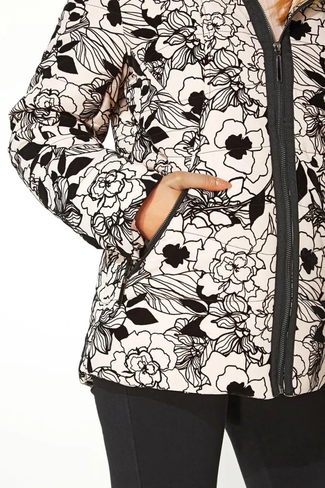 Women Pink Flocked Zip Through Padded Coat Roman Coats