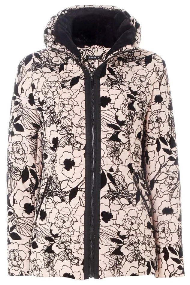 Women Pink Flocked Zip Through Padded Coat Roman Coats