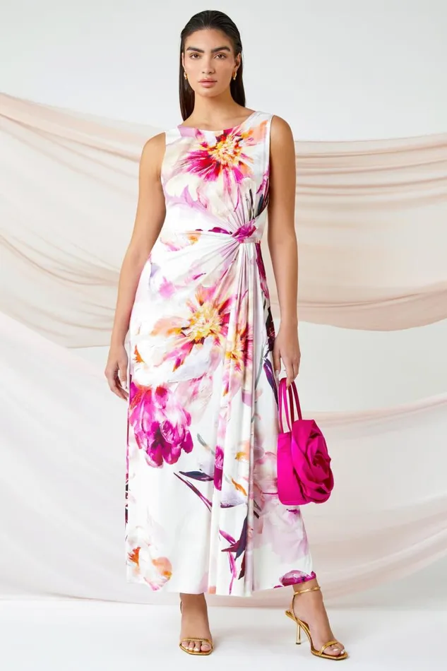Women Pink Floral Drape Twist Ruched Maxi Dress Roman Dresses