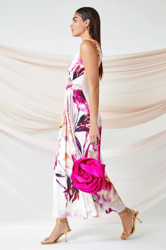 Women Pink Floral Drape Twist Ruched Maxi Dress Roman Dresses