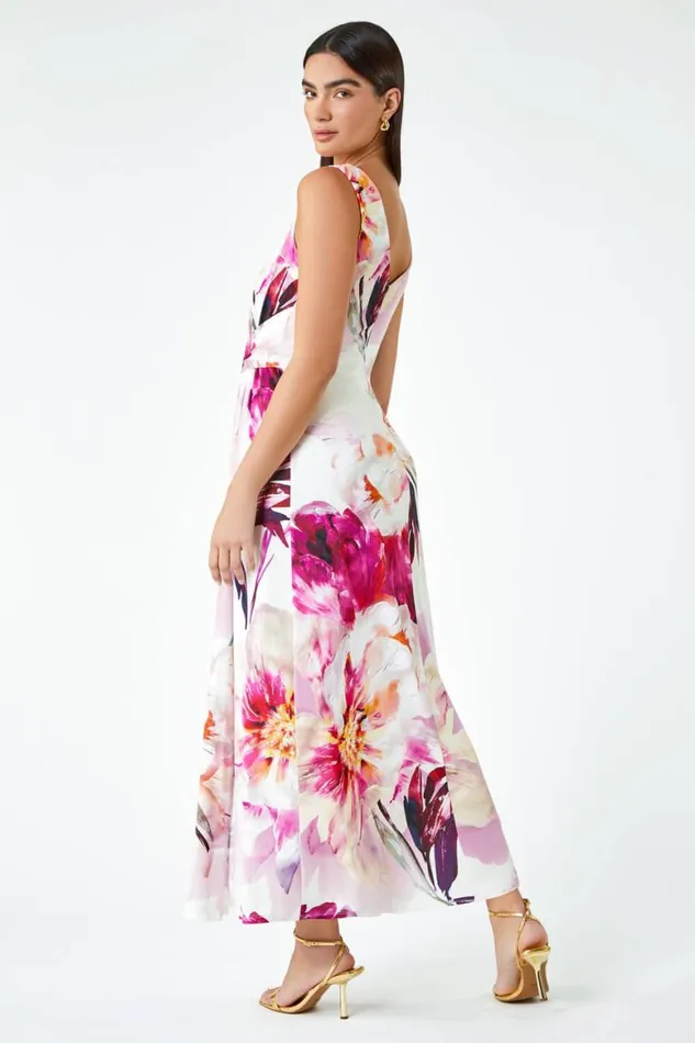 Women Pink Floral Drape Twist Ruched Maxi Dress Roman Dresses