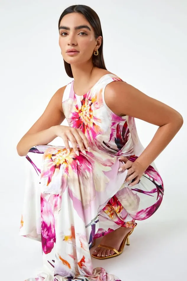 Women Pink Floral Drape Twist Ruched Maxi Dress Roman Dresses