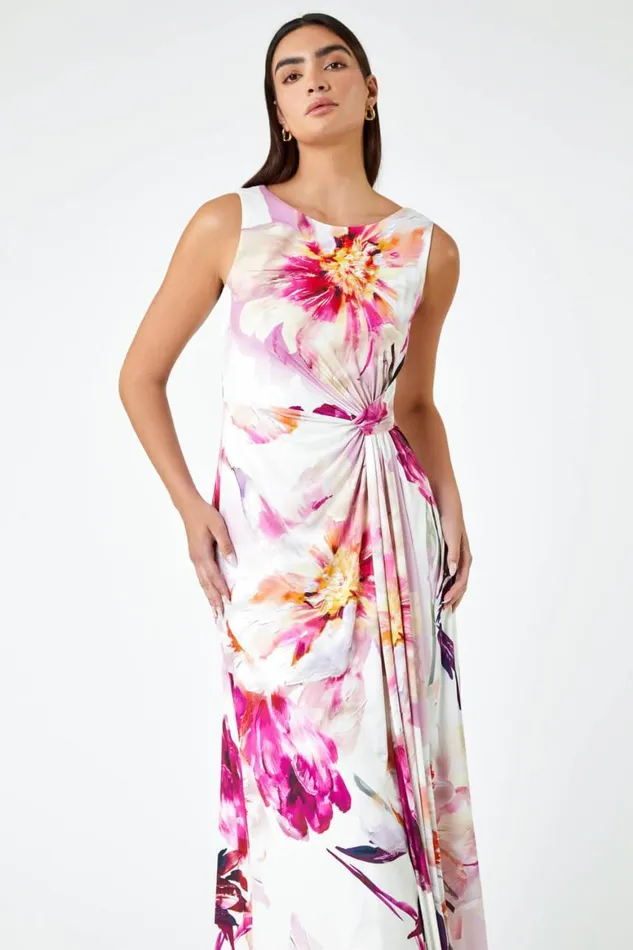Women Pink Floral Drape Twist Ruched Maxi Dress Roman Dresses